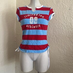 Vintage Y2K 2000’s Limited Too Blue Red Stripe Ruched Logo T-Shirt Kids XL 16